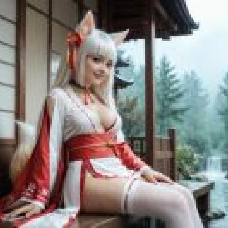 狐狸巫女，動漫中的一位女性角色坐在日本花園裡。