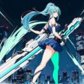 Future Warrior，Blue haired woman with a sword standing in front of skyscrapers.