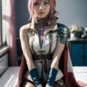 Mobile wallpaper， Lightning， Final Fantasy XIII， Realism， A woman in pink and gold armor sits on a bench and looks at the camera.