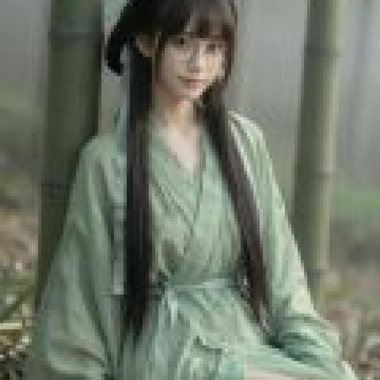 Beauty in the book，A girl with glasses and long dark hair in front of bamboo plants.