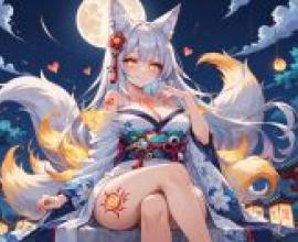 Fox girl，A woman with fox ears in front of lanterns.