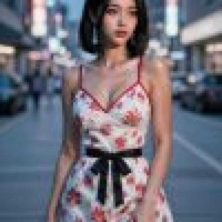 西式風格，一位女士戴著紅色蝴蝶結，穿著碎花洋裝。