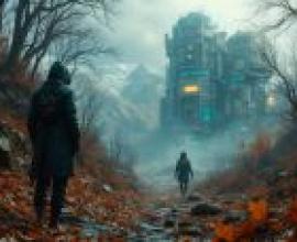endness road，A lone traveler approaches an alien spaceship.