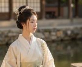 古代中國，身穿和服的少女看向攝影師。