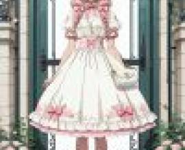 fantasy，A girl in pink dress with white shoes standing in front of the door.