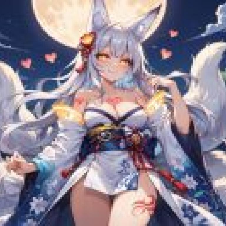 Fox girl，A woman with white hair is wearing two love hearts.