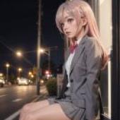 Oyama Mahiro Onimai Im Now Your Sister，Onimai，一個有著粉紅色頭髮和灰色西裝的女孩坐在建築物旁的窗台上。