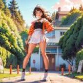 Anime beautiful girl figure， street fashion: free download of tablecloths， short skirt jacket girls stand in the trees jungle， the beauty of fashion.