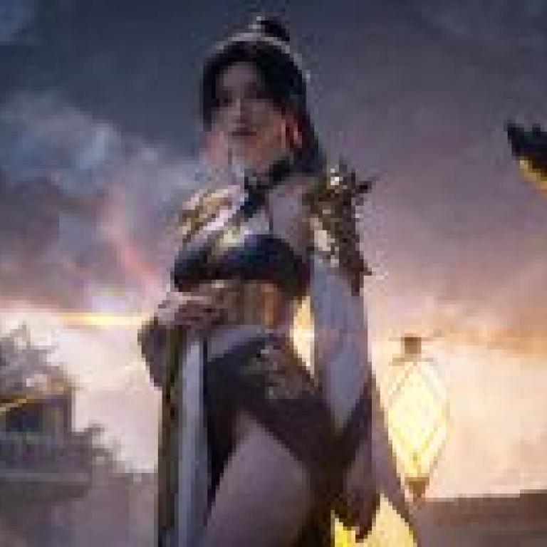 Eternal Mad Emperor，Ling Meier，A woman in a blue outfit standing in front of a lantern.