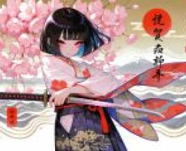 New Year cherry blossom trees，A woman in a kimono holding a sword.