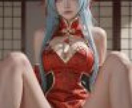美女，一位身穿紅金服飾、藍頭髮的女子。