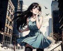 末世之美，一位身穿藍色洋裝的黑髮女子站在船上。