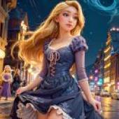 Live version， Disney， long -haired princess， magic hair， Princess Lepe， blue skirt rain night