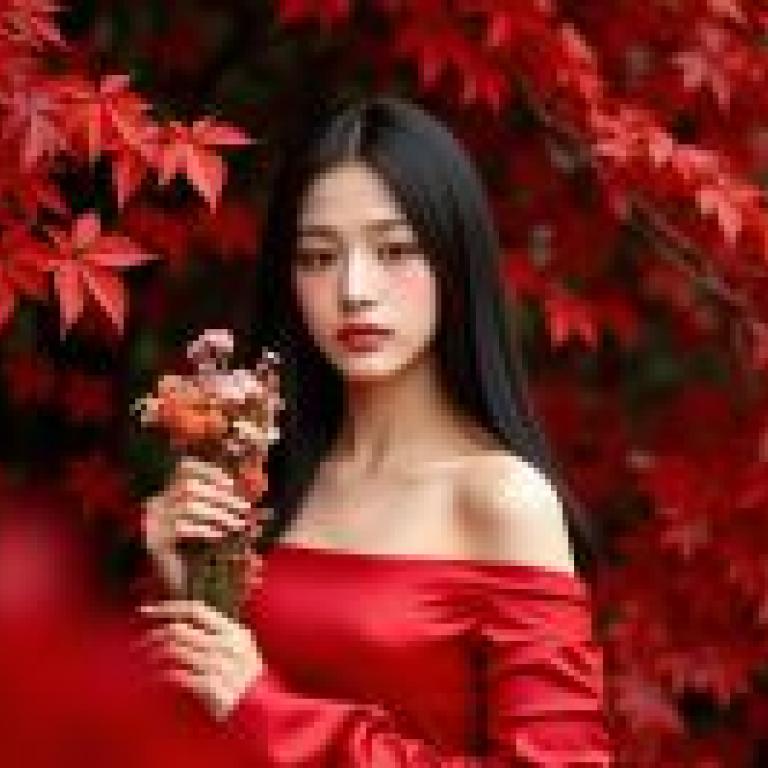 Red Dream，A woman in red holding a bouquet.
