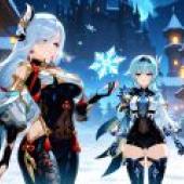 eula shenhe genshin impact，Two female characters in front of a snowy castle.