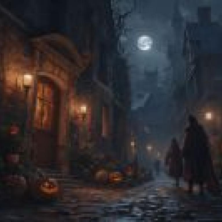 A dark and eerie alleywayHalloween decorations on the outside of a building at night.