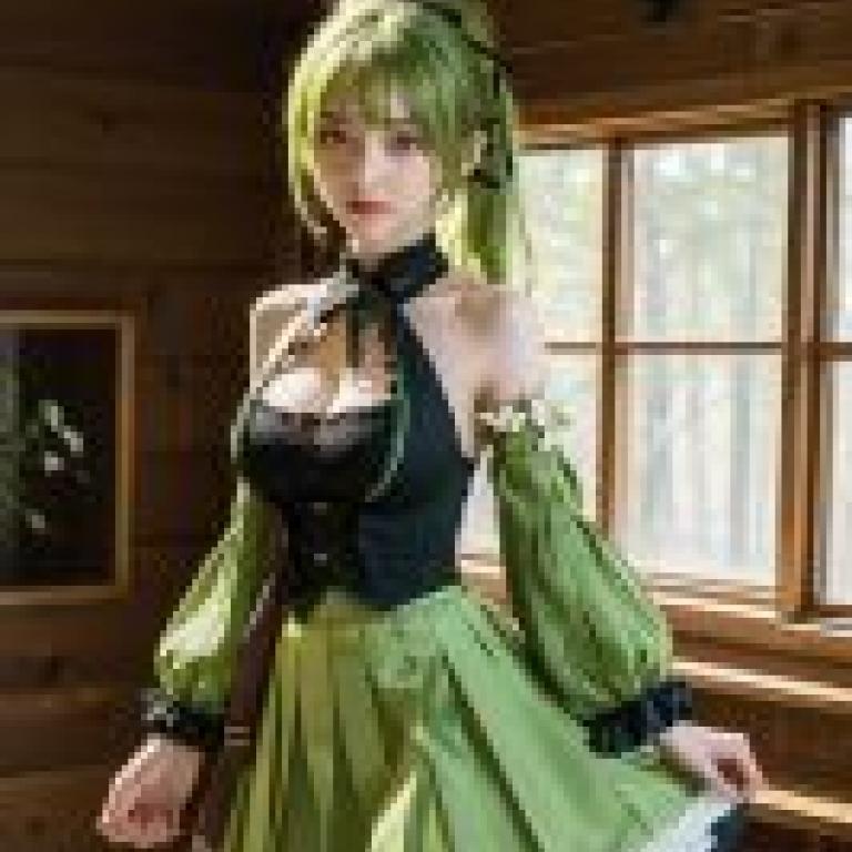 Rena Wind Sneaker Grand Archer ELSWORDGirl 穿著綠色連身裙，飾有黑色滾邊。