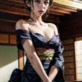 Sumie Takayanagi Mistreated Bride，穿著黑色連身裙的日本女人。