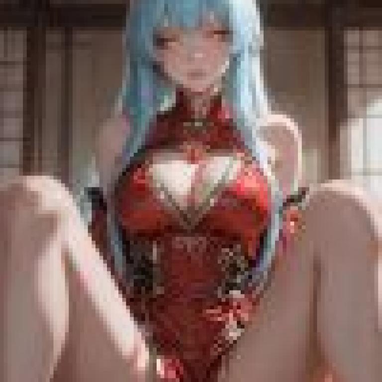 美女，這位藍髮動漫角色身穿紅色服裝擺姿勢。