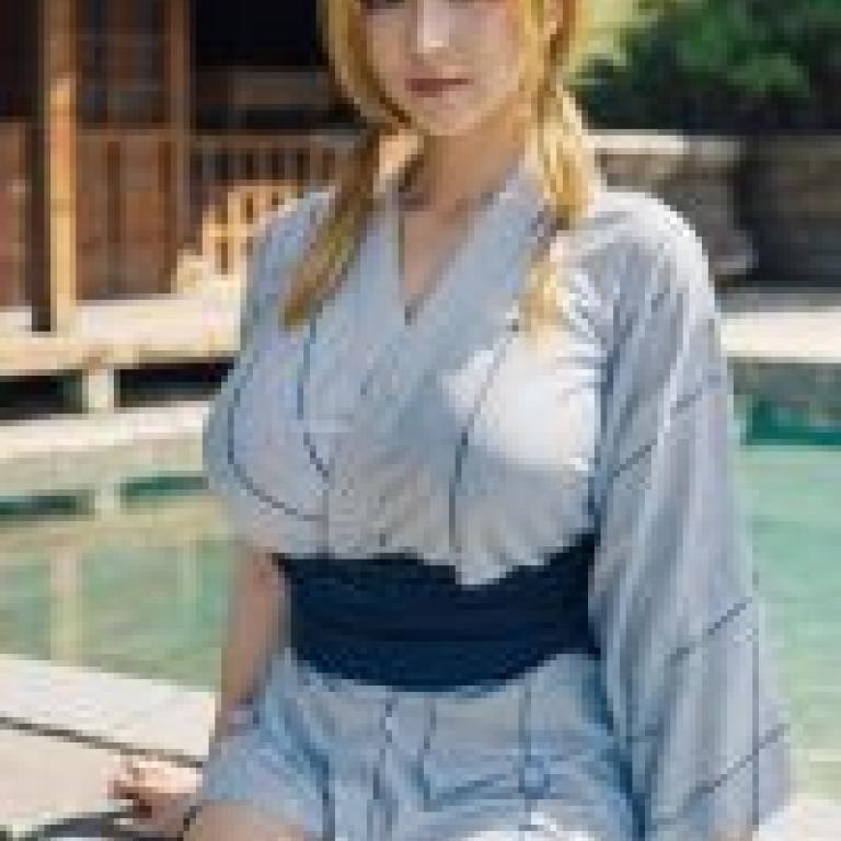 Naruto，Tsunade，A woman in a kimono sits by the pool.