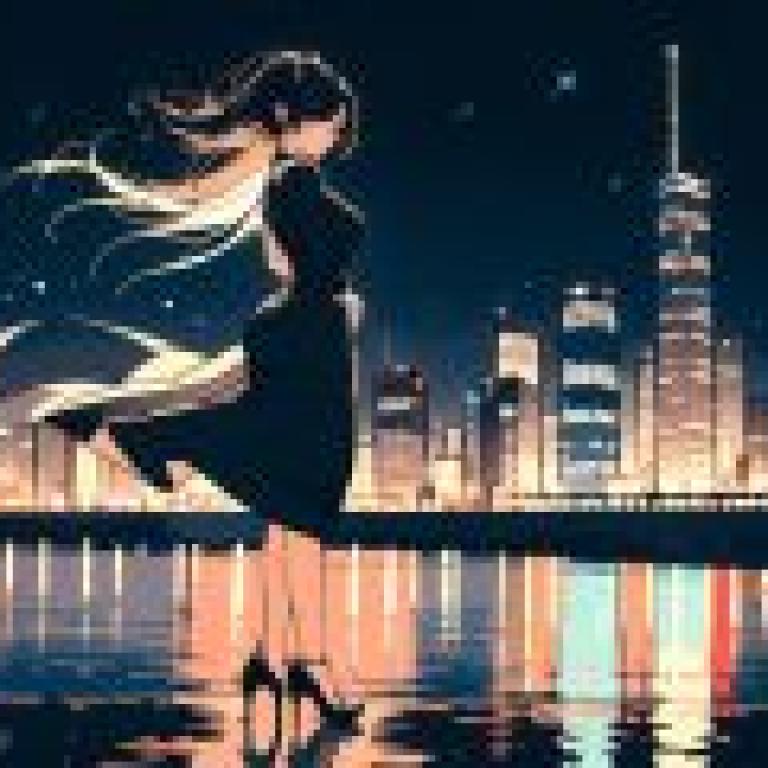 80s comic girl，Woman in front of buildings with her hair flowing on the night.