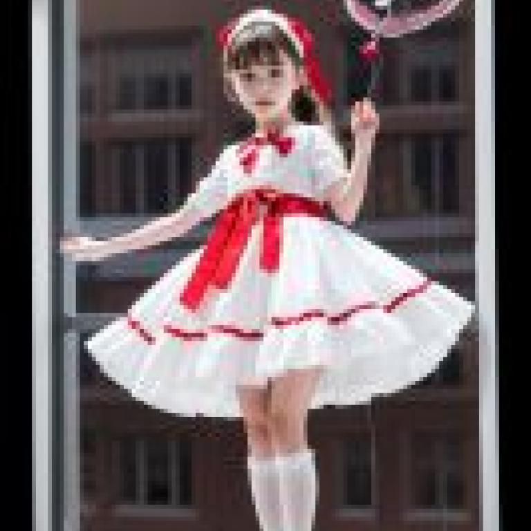 夢遊女孩，穿著白色連身裙，戴著紅色蝴蝶結的女孩。