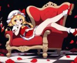 東方幻想鄉：一個女孩坐在紅色的椅子上，腳邊散落著玫瑰花瓣。