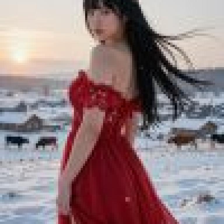 女孩們，一位女士穿著紅色長裙。
