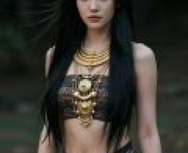 Beautiful Historical Shadows，Young woman in traditional dress and gold jewelry.