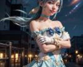 手機桌布，star guardian orianna，LOL，寫實，一個藍色頭髮、頭上戴著蝴蝶結的女孩。