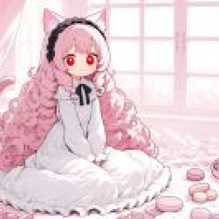 Little Pink GirlCat with pink hair wearing a dress.