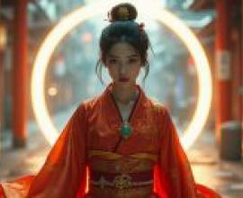 Samurai girl，Asian model with red kimono.
