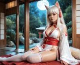 狐狸巫女，一個女孩穿著白色和紅色的連身裙。