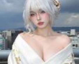 在屋頂上等候，一位白髮白衣的女子穿著沙灘長裙。