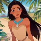 Disney Pocahontas Tablecloth，A drawing of a woman with blue necklace and brown hair and tan dress.