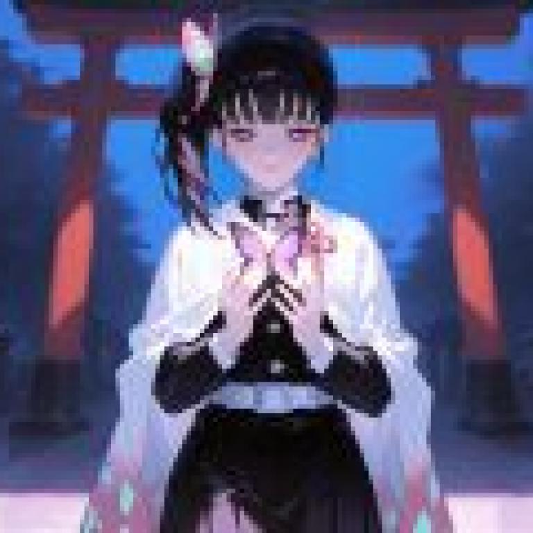 Tsuyuri Kanao，Black haired girl holding butterfly with pink wings.