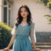 電腦桌布，日本和服傳統美女，寫實，「藍色旗袍韻味」