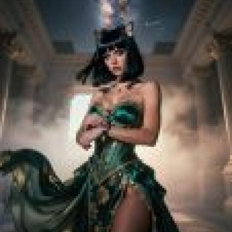街頭美女，一位身穿綠金連身裙、黑髮的女子。