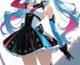 初音未來，一位藍頭髮、粉紅色條紋的女孩