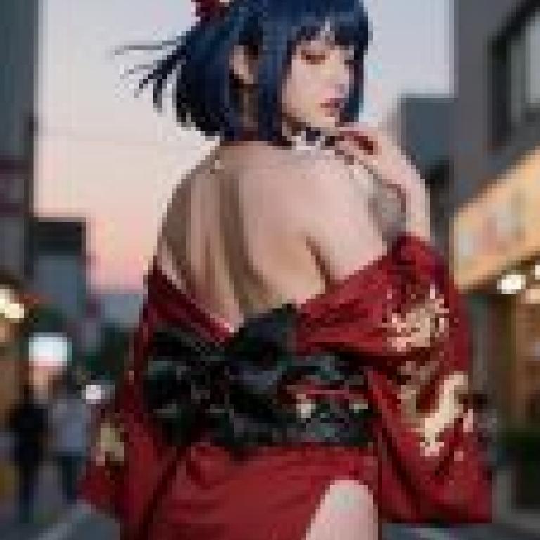 紅衣女妖，一位身穿紅黑相間和服、留著藍色頭髮的女子。