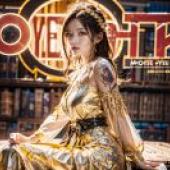 鬼狼，一個女孩，穿著金色衣服，站在寫著「POYECHT」的商店招牌前擺姿勢。