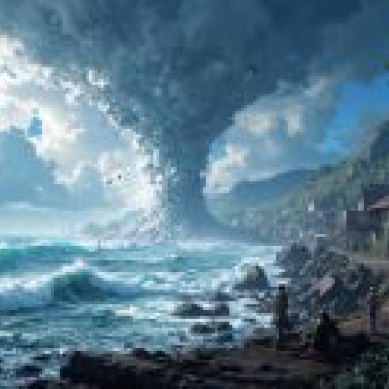 beach，A beach with people sitting on the rocks in front of an impending storm.