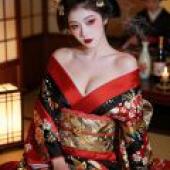 Kimono Phantom，Geisha with red flowers painted on her lips.