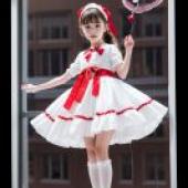 sleepwalking girlGirl in white dress with red bow.