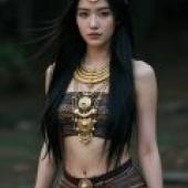 Beautiful Historical Shadows，Young woman in traditional dress and gold jewelry.