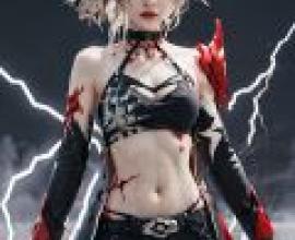 Acheron， Honkai Star Rail，The woman is wearing a black and red dress.