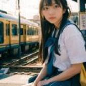 東京女孩，女孩看著前面的火車。