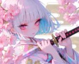 新年櫻花樹，少女手持寶劍。