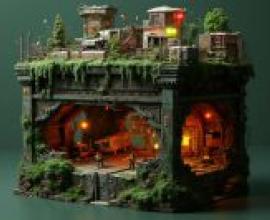 Miniature city，A model of an old house with moss and ivy growing on it， including a cave-like entrance.