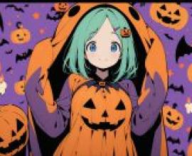 Halloween GirlGirl in orange and purple with green hair.